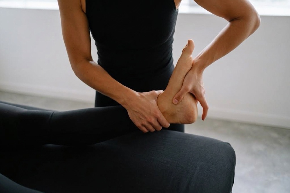 Eine Physiotherapeutin behandelt auf einer Liege den Unterschenkel einer Tänzerin.