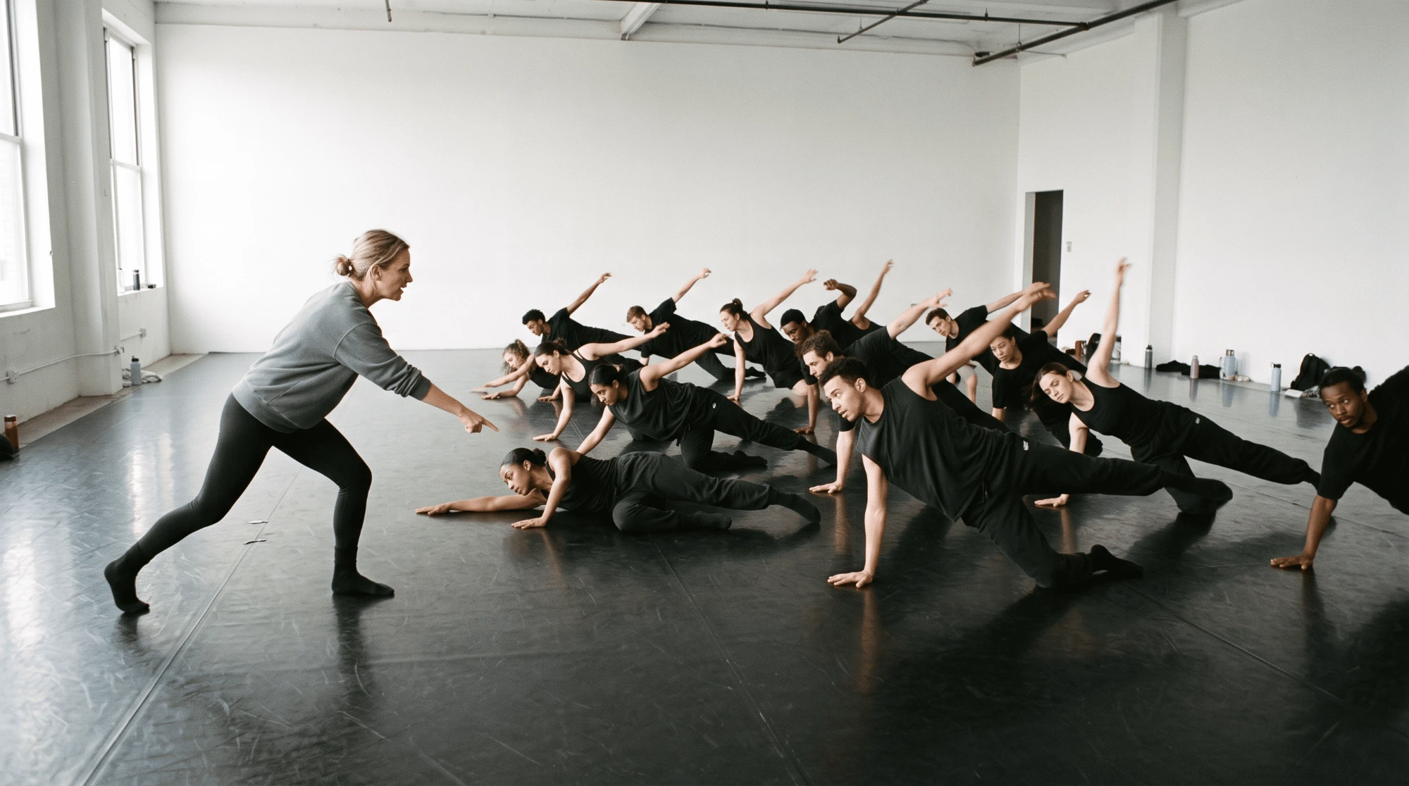 A teacher in a grey sweater points to a class of dancers in black doing a side plank with one arm reaching, in a large white studio.