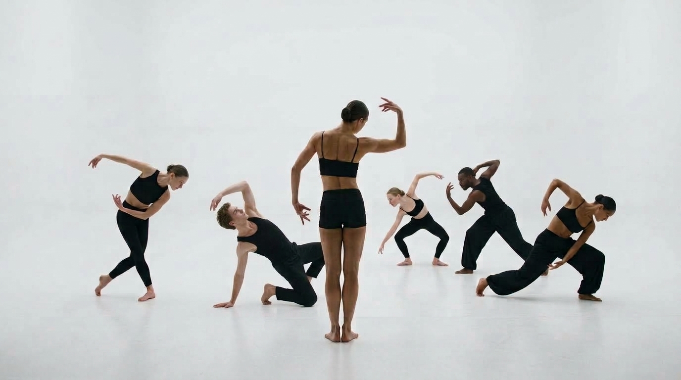 Sechs Tänzer:innen in Schwarz in unterschiedlichen Posen um eine stehende Tänzerin, von hinten gesehen, in einem hellen weißen Studio.